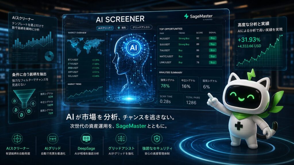SageMaster(セージマスター)のAIスクリーナーによる高度な市場分析とAIトレードのイメージ|AIが市場データを分析し、有望銘柄の抽出と資産運用をサポート。