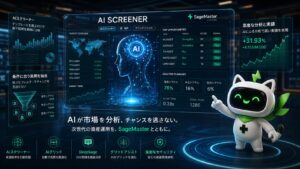 SageMaster（セージマスター）のAIスクリーナーによる高度な市場分析とAIトレードのイメージ｜AIが市場データを分析し、有望銘柄の抽出と資産運用をサポート。