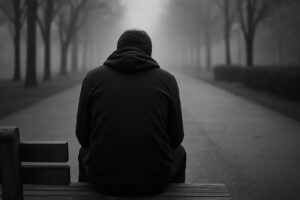 孤独な背中のイメージ画像（白黒）