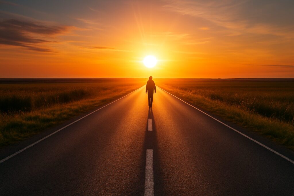 夕日と一本道の再出発のイメージ画像