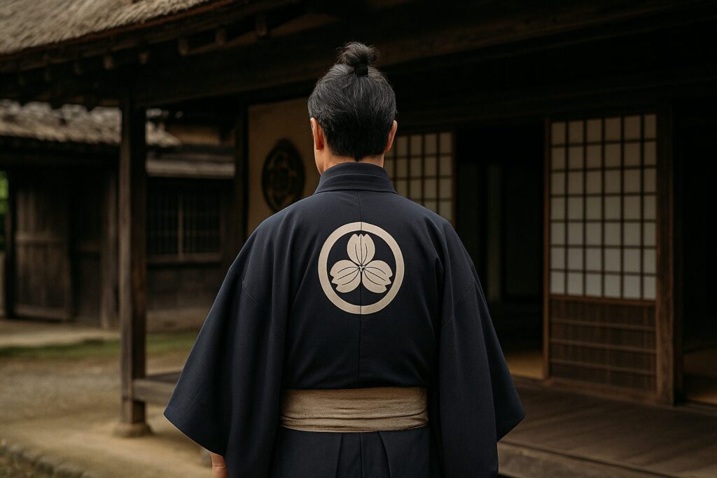 古い日本家屋や武士の家紋、和装の背中のイメージ画像