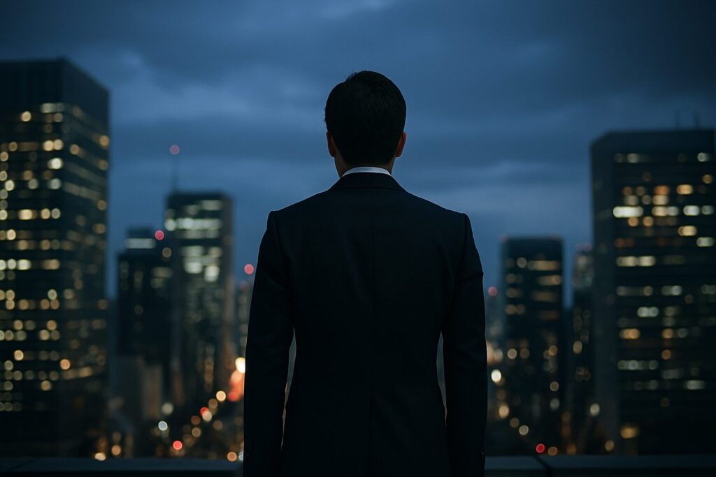 ビジネスマンがスーツ姿で1人で戦うようなイメージで、孤独で都会の中に佇む背中の画像