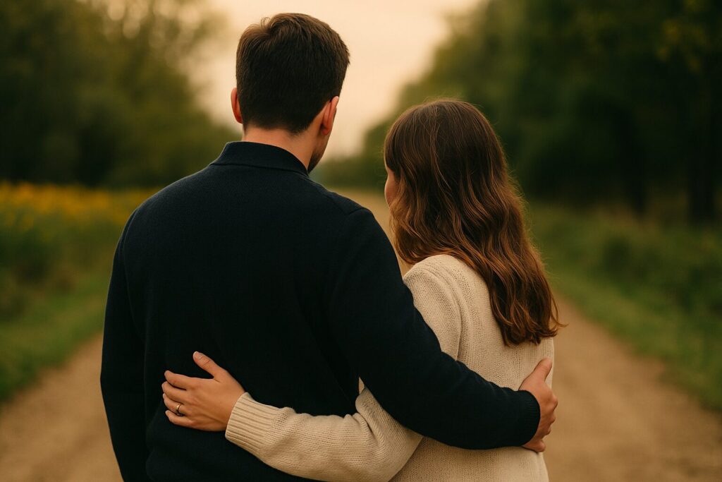 手を取り合う夫婦、優しく支え合うカップルのイメージ(後ろ姿)