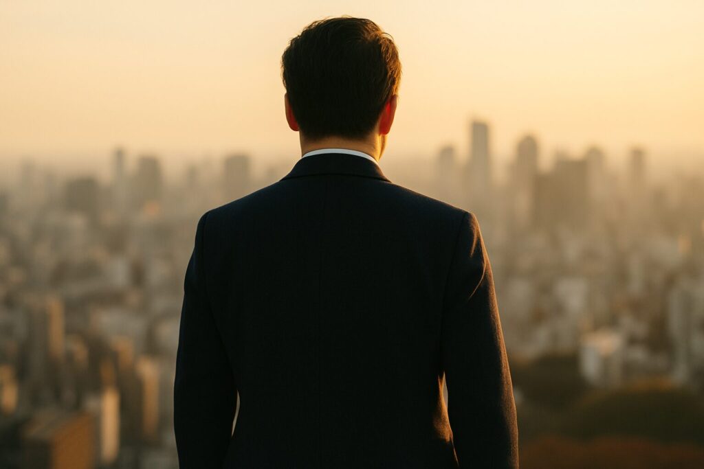 1人で立つ男性の背中、男らしさと誇りを象徴するイメージ(横長)