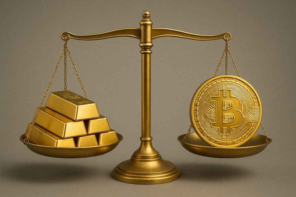 「金とビットコインが天秤に乗っているCGイメージ」で、一方に金塊、もう一方にビットコインが乗るバランススケール画像