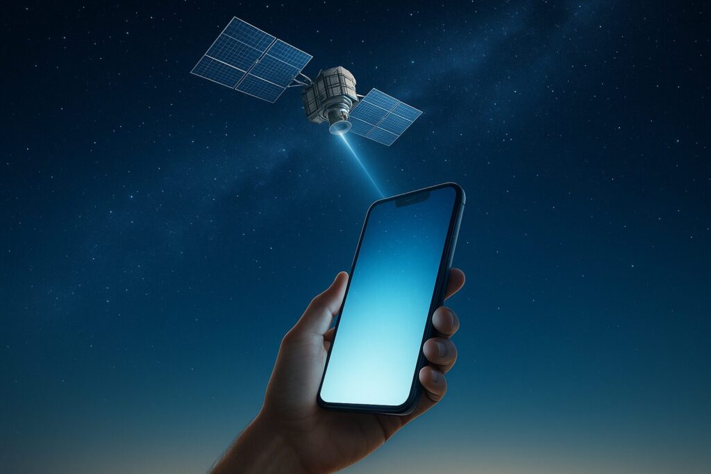 「Starlink衛星とつながるスマホのイメージ」上空に衛星が浮かび、地上のスマホに光が届いている構図