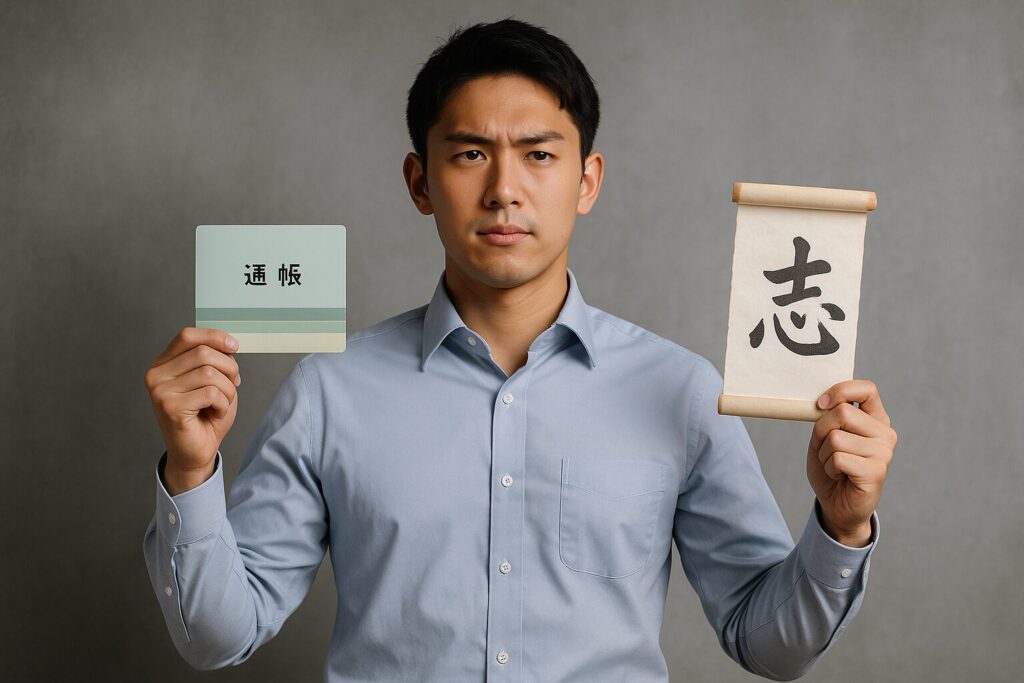 片手に通帳、もう片手に志を記した巻物を握る若者の構図をテーマに、「志×経済」の両立と必要性を視覚化した画像