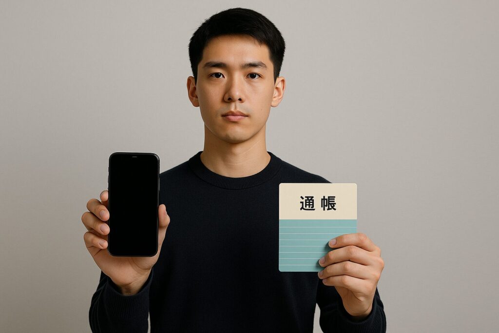 スマホと通帳を手に持ち、背筋を伸ばして立つ若者の姿をテーマに、「現代の武士=情報と経済で戦う存在」を視覚的に表現した画像