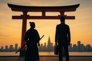 鳥居を背景に立つ武士のシルエットと、近代都市を背にしたビジネスマンの姿が重なる構図で、武士道×現代社会」＝思想と経済を両立する姿を象徴した画像