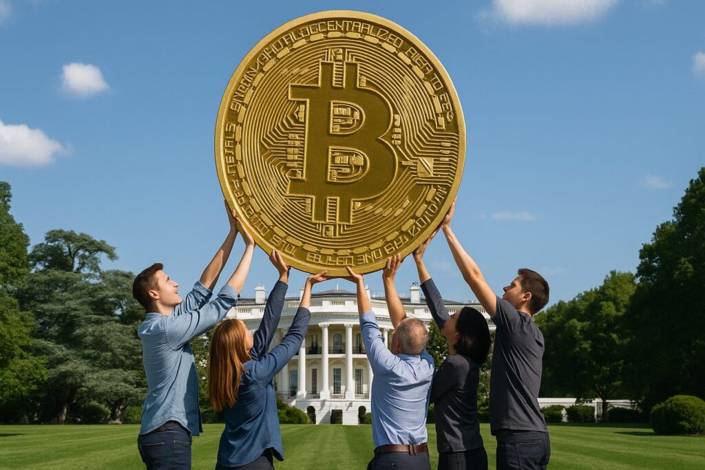 「ホワイトハウスの前で巨大なビットコインを支える人々」をテーマに、ホワイトハウス前でBTCの巨大コインを支える複数の市民たちの画像。