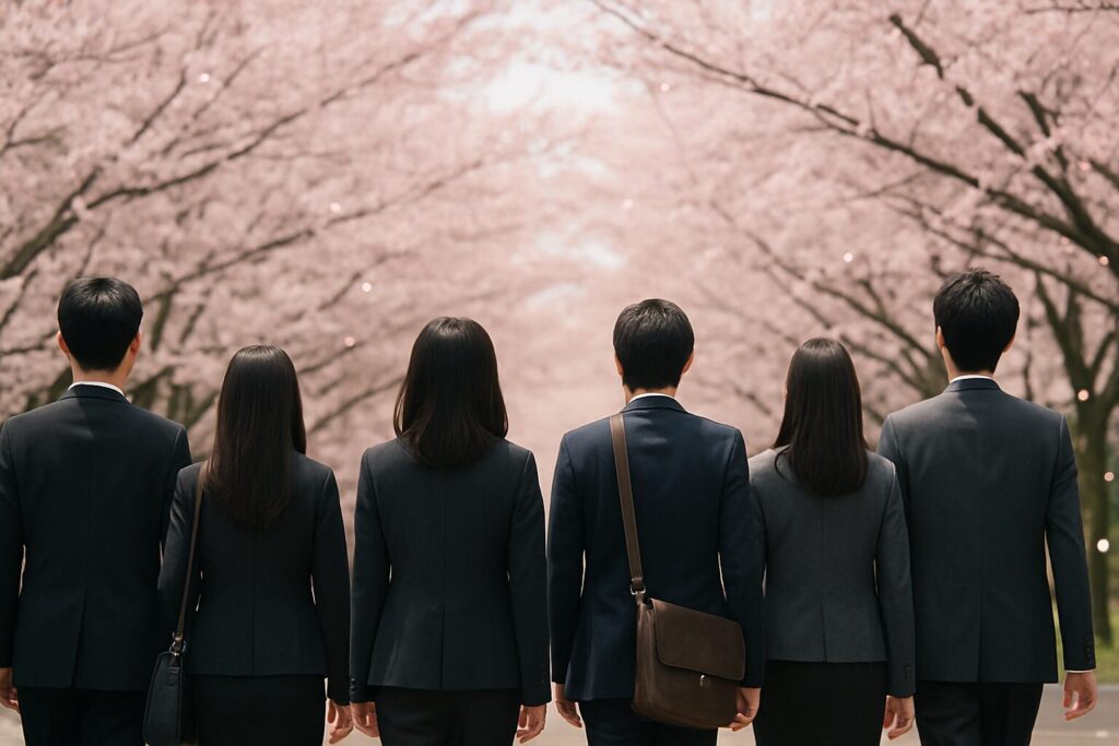 桜舞う中、歩き出す複数の男女の背中をテーマに、一人ではなく“共に志す者”の存在と連帯を象徴