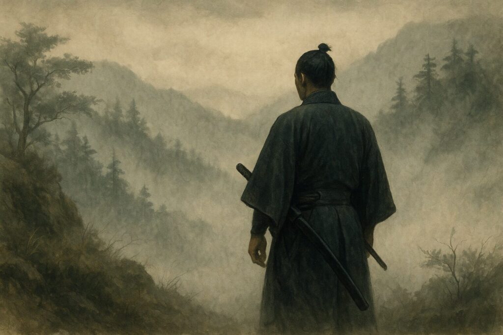 山中に佇む武士の背中と霧、侘び寂びを感じる風景のイメージ画像