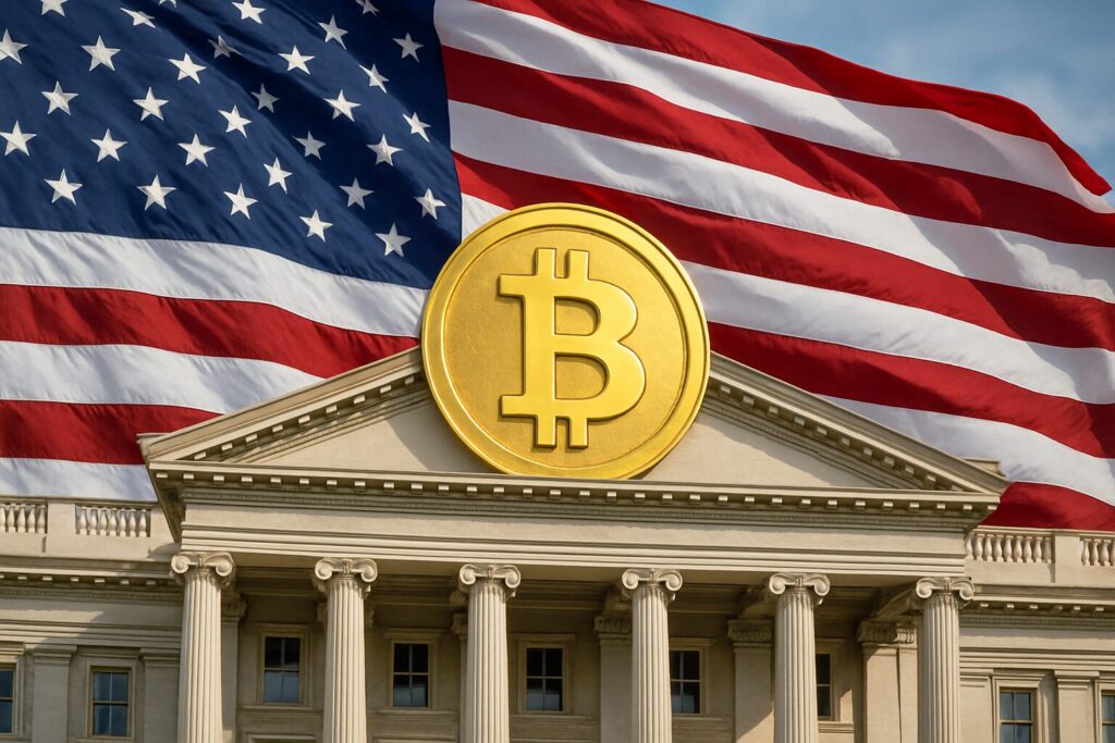 「米国国旗を背景に掲げられるビットコインの巨大ロゴ」で、アメリカ国旗+ホワイトハウス風の建物に掲げられる金色のビットコインシンボル