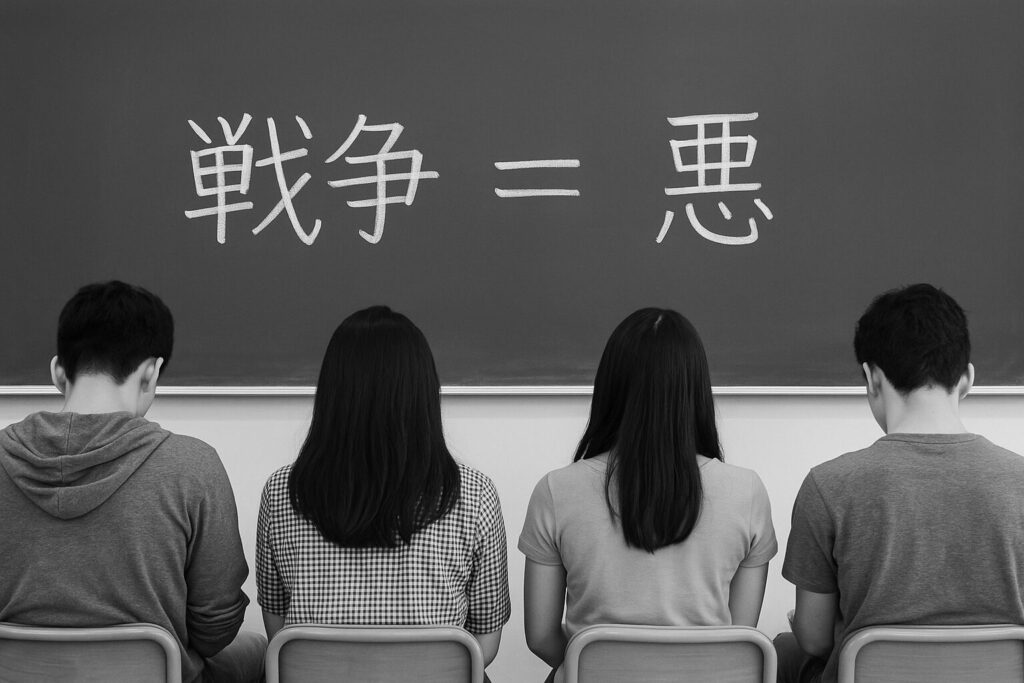 教室の黒板に「戦争=悪」と書かれた文字と、思考停止の若者たちがテーマで、「戦後教育の内面支配」を象徴的に描写した画像