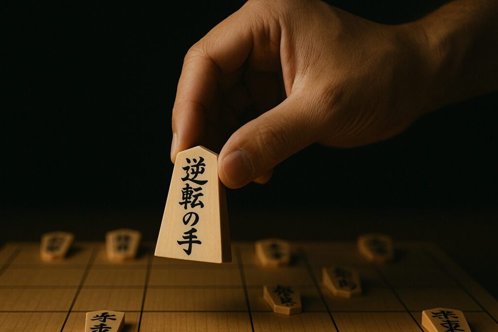 “逆転の一手”と書かれた将棋の駒を掴む手」のイメージ画像