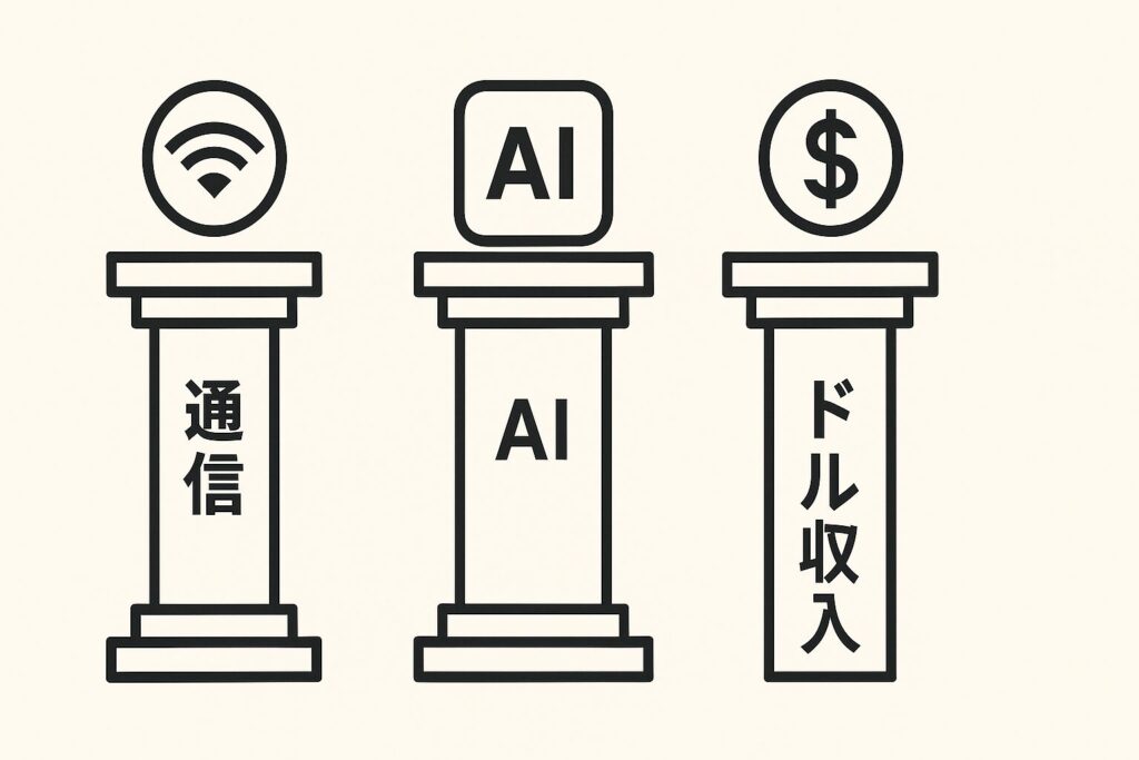 通信・AI・ドル収入の3つの柱を並べた図解