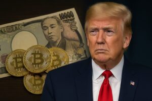 トランプ大統領の背景に一万円札とビットコインが描かれている画像