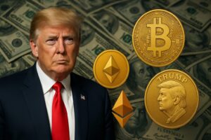 スーツ姿のトランプ＋ドル札＋仮想通貨ロゴ（BTC・TRUMPなど）の画像