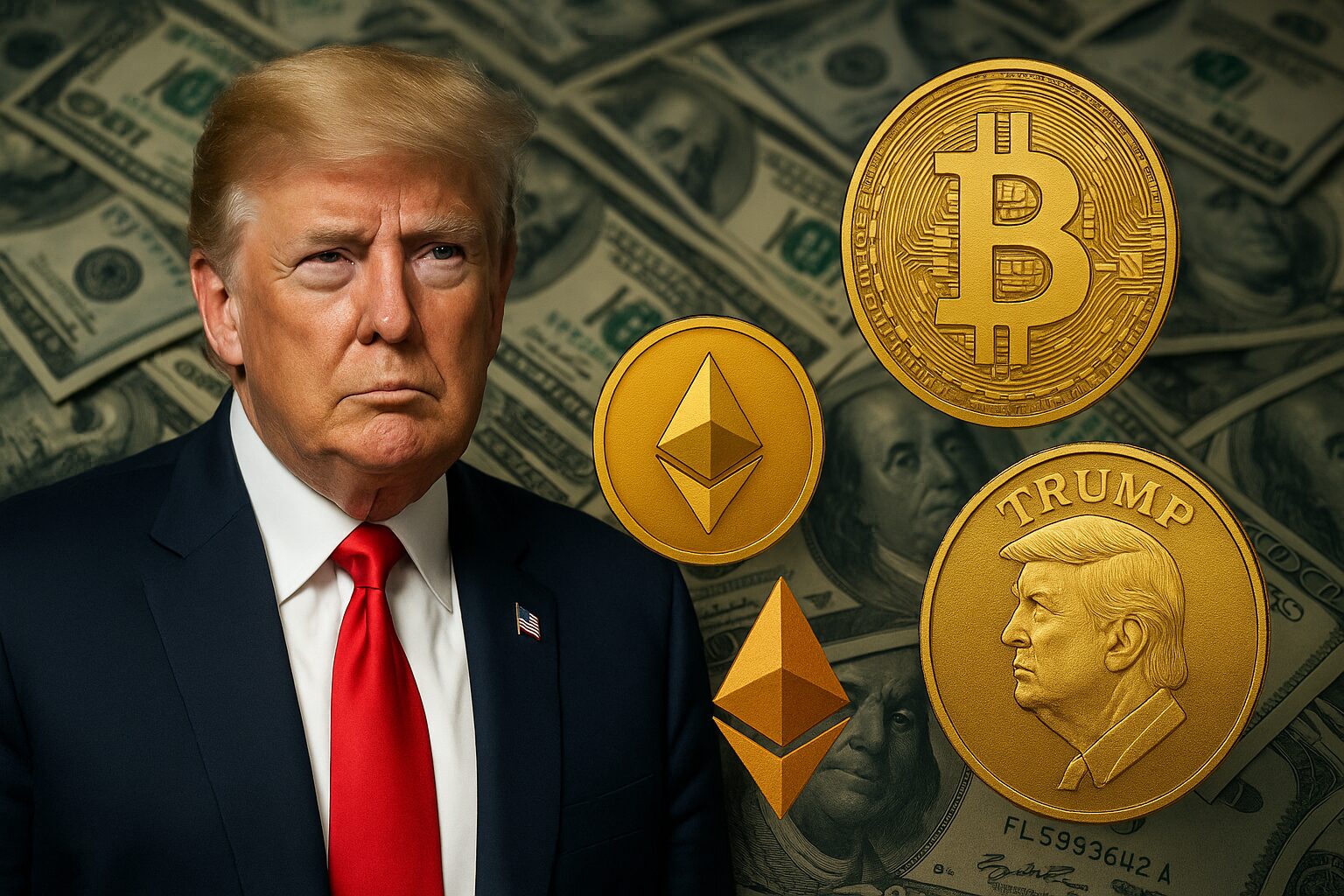 スーツ姿のトランプ＋ドル札＋仮想通貨ロゴ（BTC・TRUMPなど）の画像