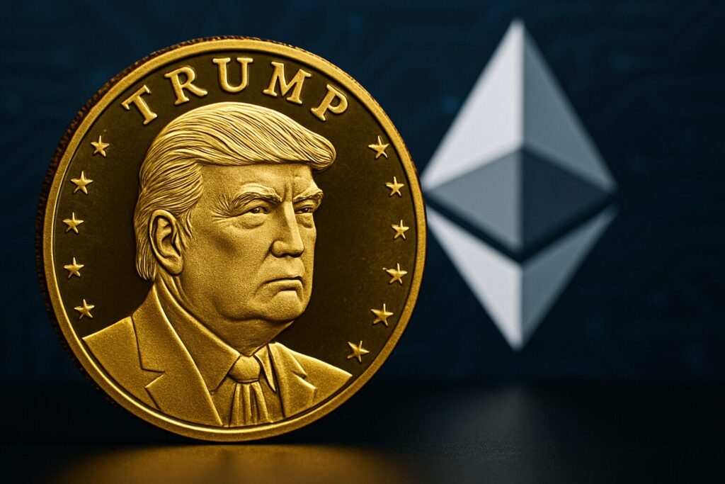 トランプの顔が描かれた仮想通貨コイン+イーサリアム背景の画像