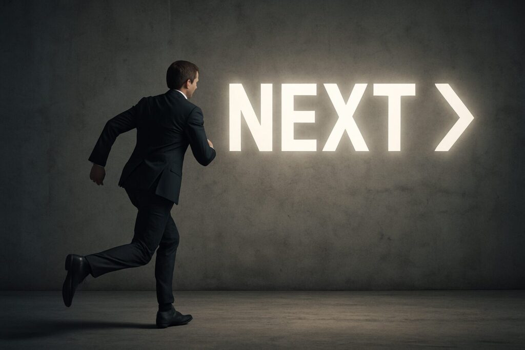 走り出す人物+「NEXT」または「警鐘」の空気感の画像