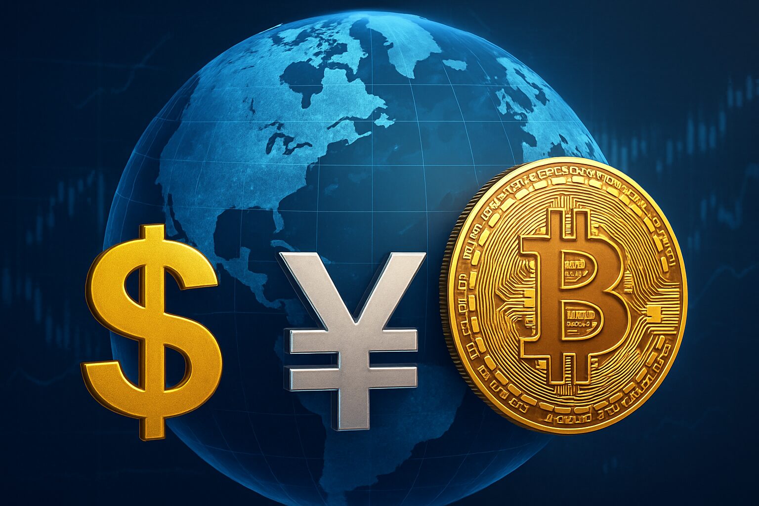 現代風の地球儀を背景に、ドル・円・ビットコインが交錯するイメージをテーマとし、通貨と金融による新たな世界戦争の暗示画像