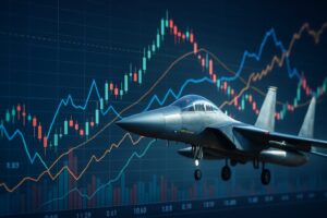 金融チャートと戦闘機が重なるCG合成をテーマに金融×戦争という概念の視覚化の画像