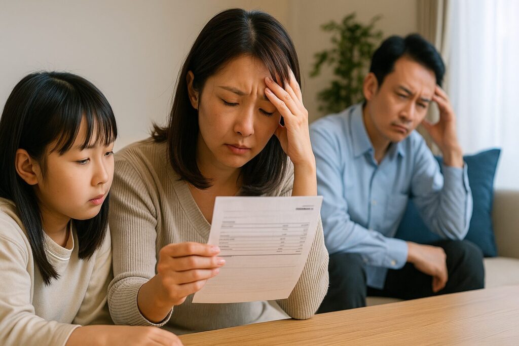 「通信費の見直しに悩む家庭の様子」請求書を見ながら頭を抱える主婦と家族のイメージ