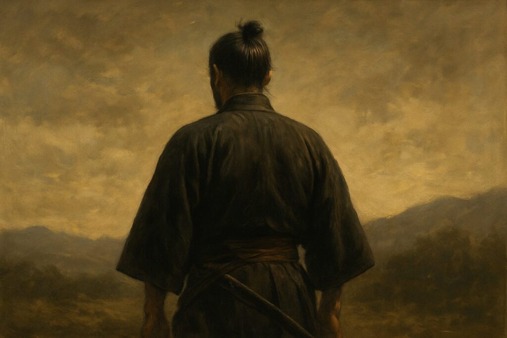 静かに背を向ける武士の後ろ姿のイメージ画像