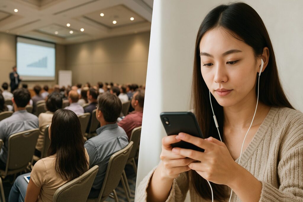 セミナー会場の様子やスマホで学習している人のイメージ