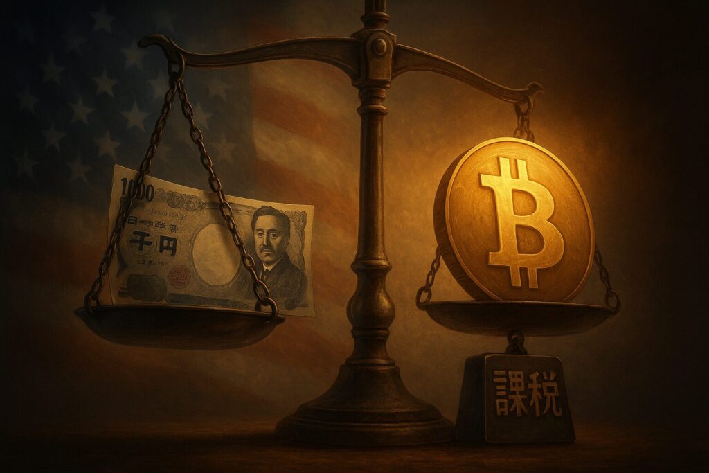 「日本円とビットコインが秤にかけられ、“課税”の重しで傾く」ビジュアル