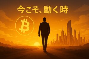 今こそ動く時というテキストが書いてある夕日に向かって歩みを進める男性の逆行の画像