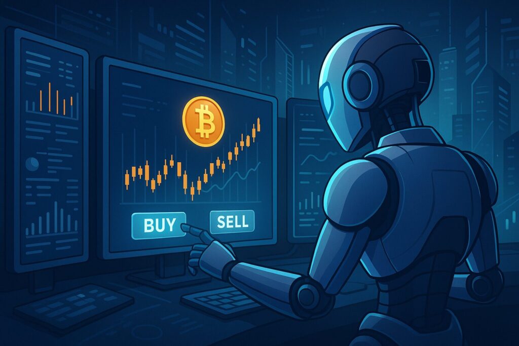 AIがモニターでBTCチャートを監視しながら最適タイミングで売買を行う近未来風イラスト