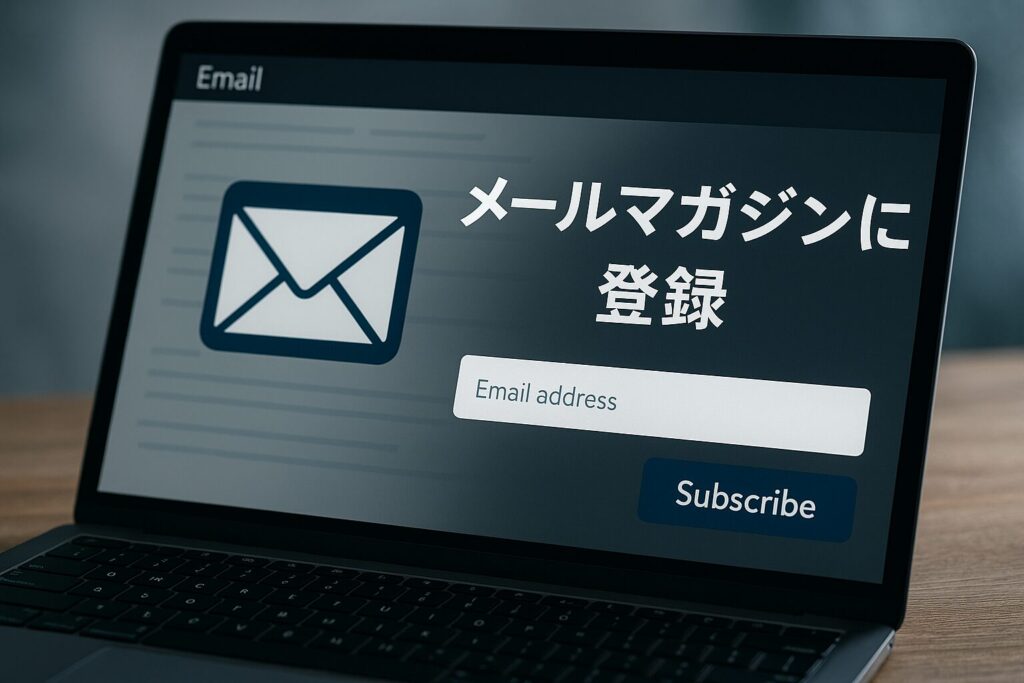 メールアイコンと登録フォームが浮かぶパソコン画面の画像