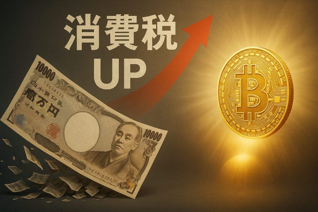 日本円札が崩れ落ちる背景に、消費税の「UP」マークが浮かび、ビットコインの光が差し込んでいる画像