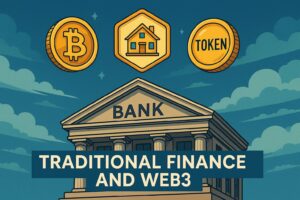 銀行ビルの上にデジタルコインや不動産のトークンが浮かんでいる構図（伝統金融とWeb3の融合）