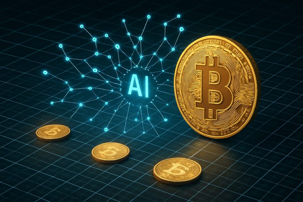 ビットコインがグリッド状に展開され、そこにAIのネットワークが組み合わさっている様子の画像