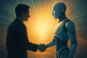 AIと手を取り合う人間、背景に光の道が差すイメージ