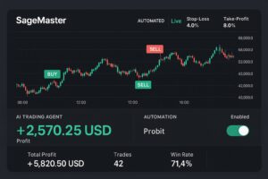 AIを象徴する未来的な画面＋背筋を伸ばす現代の武士風男性