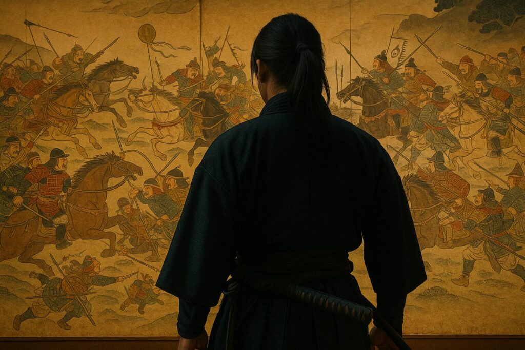 蒙古襲来の戦いの屏風絵と、武士の後ろ姿の重ね構図