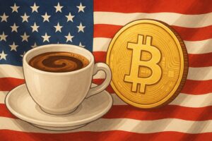 アメリカ国旗とコーヒー、そこに添えられたビットコインロゴの画像で非課税政策を象徴するビジュアル