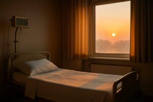 静かな病室の窓から差し込む朝日とベッド