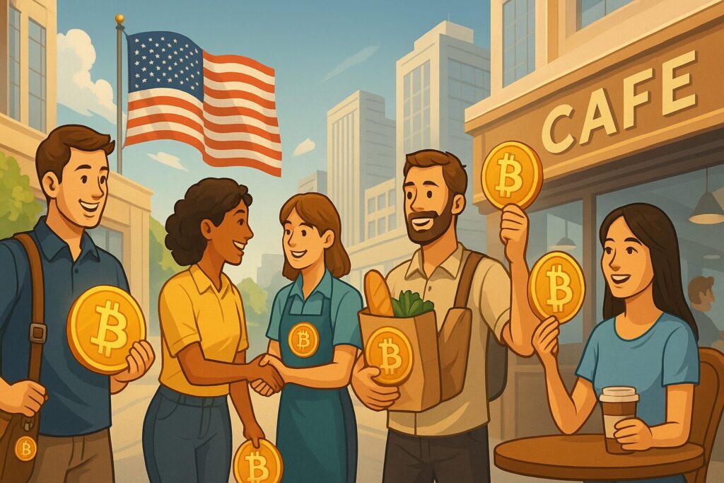 ビットコインを手にした市民たちが、カフェやスーパーで買い物している未来都市のビジュアル画像