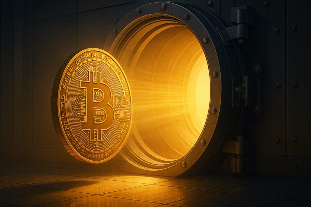 巨大な金庫に吸い込まれるビットコインの画像