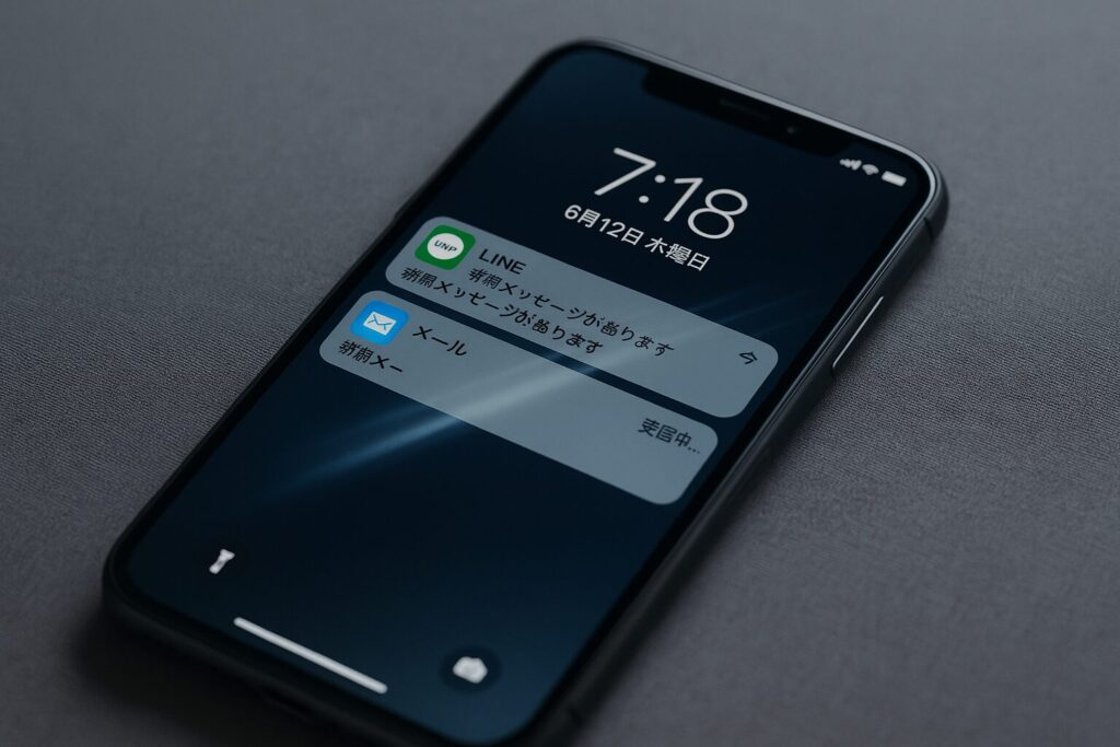 スマホ画面にLINEやメール通知、受信中の画像
