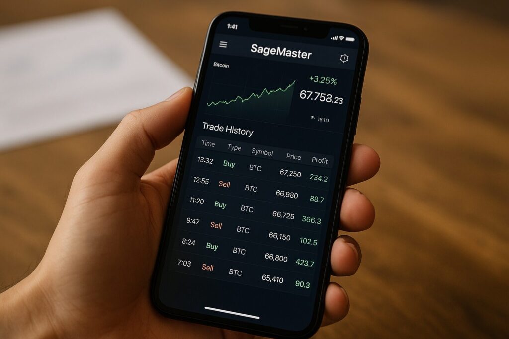 スマホ画面にSageMasterのトレード履歴が表示されているイメージ(写実・UX画面風)