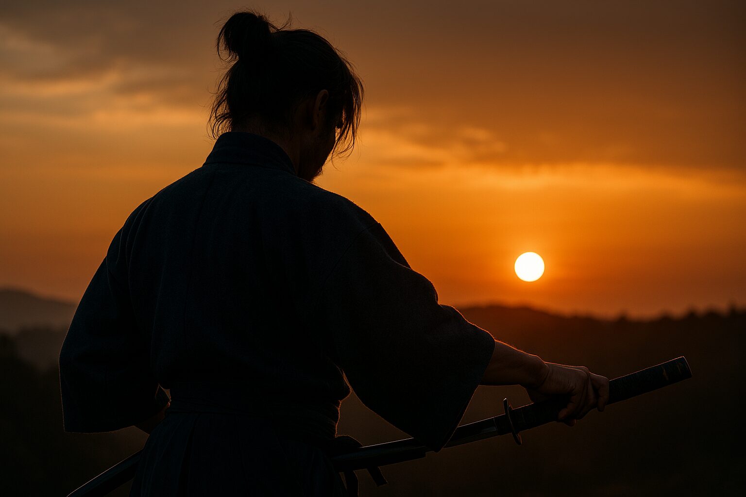 夕日の中で静かに刀を鞘に収める武士の後ろ姿──怒りを剣にせず納める精神性を象徴する瞬間