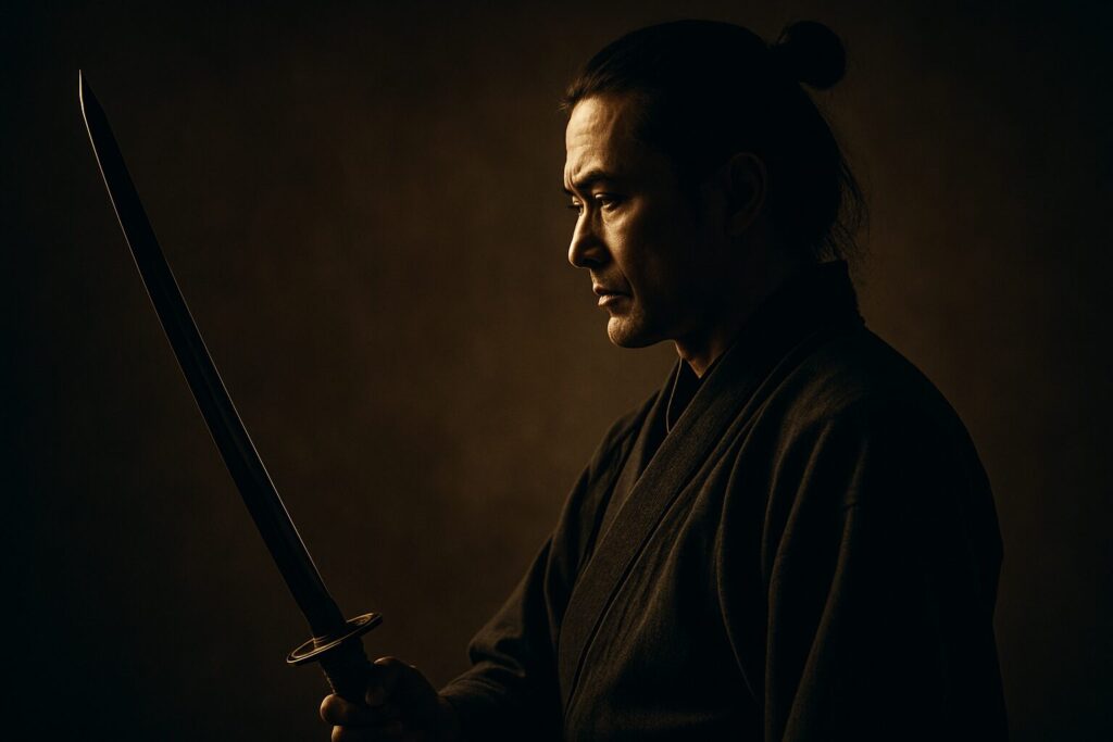 光と影が交差する中、剣を抜かずに敵と静かに向き合う武士の横顔。戦わずに誇りを守るという武士道の精神を象徴する構図