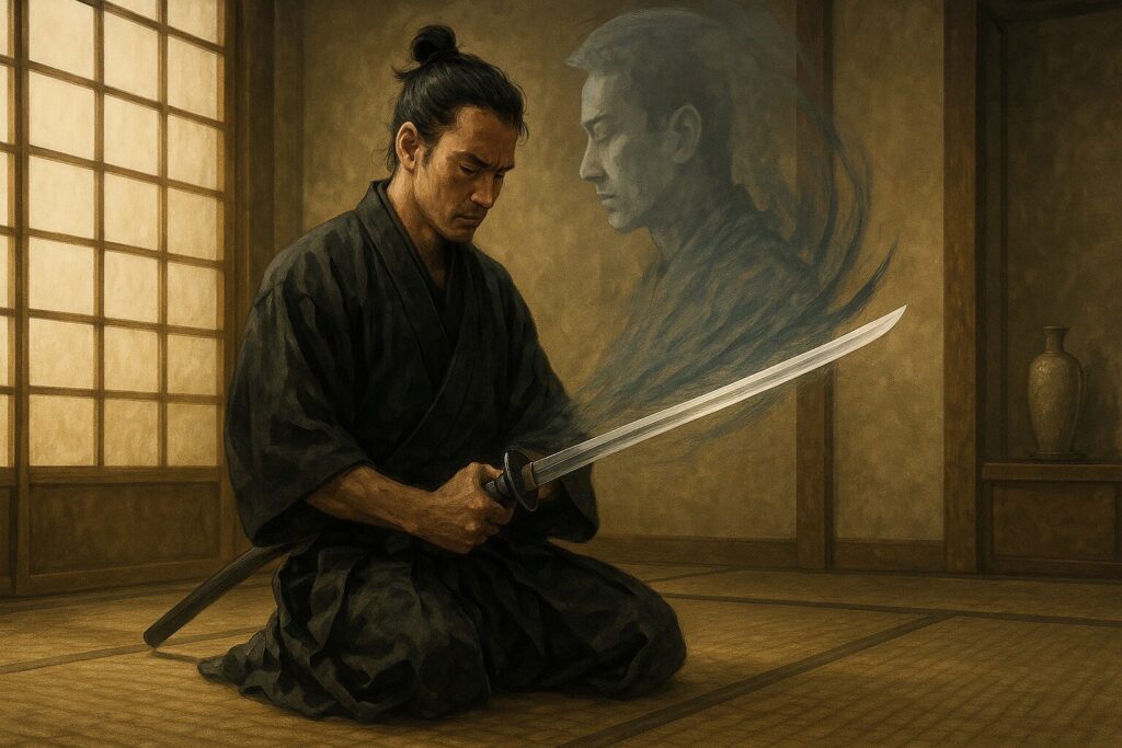 静かな和室の中、迷いの感情が透けて見える武士が、一刀両断で己の迷いを断ち切る瞬間を捉えた写実的なデジタルアート。16:9の横長比率で、神聖で落ち着いた空気感が漂う構図