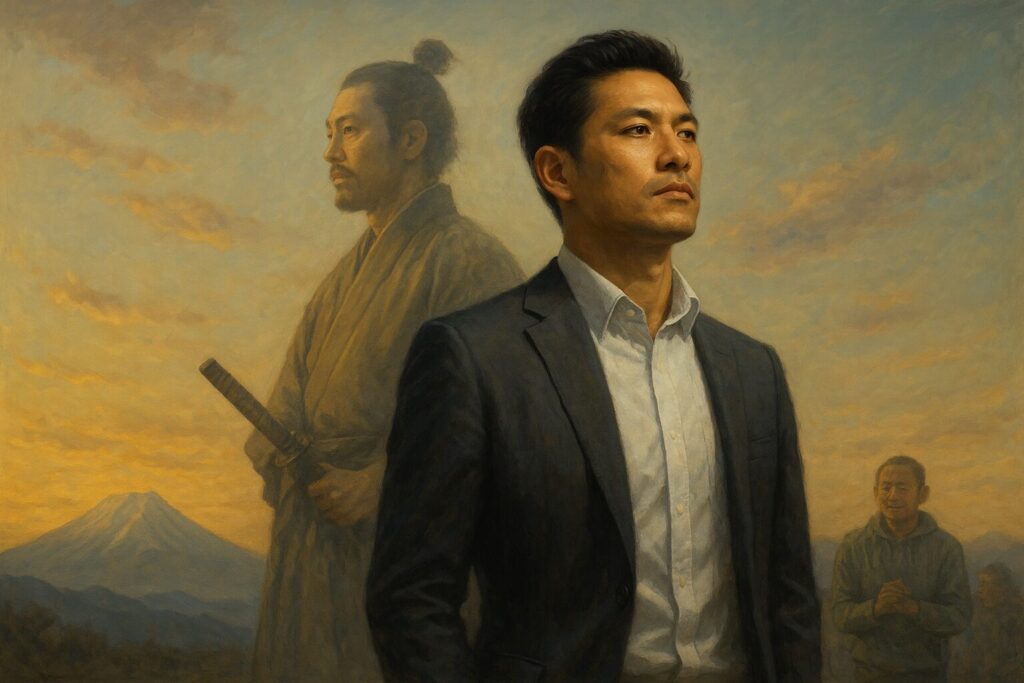 ビジネスカジュアルを着こなした中年の日本人男性が、堂々とした背筋でまっすぐ前を見据えて立っている。彼の背後には、透けるように武士の姿がぼんやりと浮かび上がり、清廉な精神と高潔な誓いを象徴している。背景には柔らかな自然光が差し込み、「命に刻む誇り」と「使命に生きる覚悟」が調和する写実的な構図